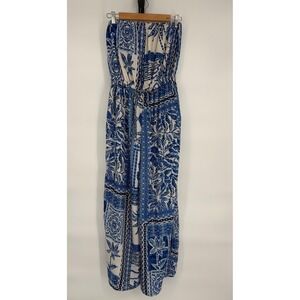 True Destinations Blue White‎ Floral Strapless Jumpsuit Tie Waist Sz L